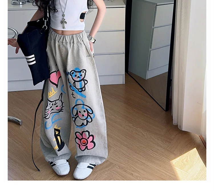 American Girl Baggy Washed Jeans Kinder Retro Harajuku Cartoon Print Denimhose Kinder Hip Hop Streetwear Hose mit Zeichnungen – Detail 4