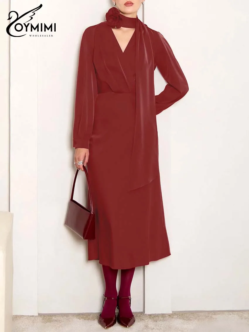 

Oymimi Casual Red Bow Dresses 2025 Woman Fashion V-Neck Long Sleeve High Waist Dress Elegant Straight Mid-Calf Dress Streetwear