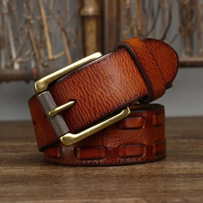 3.8CM Men High Quality Genuine Leather Belt Luxury Brass Pin Buckle Braid Belts Pure Cowskin Vintage Strap Male Jeans for Man