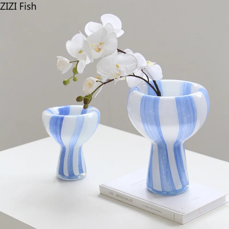 Blue White Striped Glass Vase Decorative Vase Hydroponic Vases Artistic Flowers Vessels Flower Arrangement Dried Flower Vases