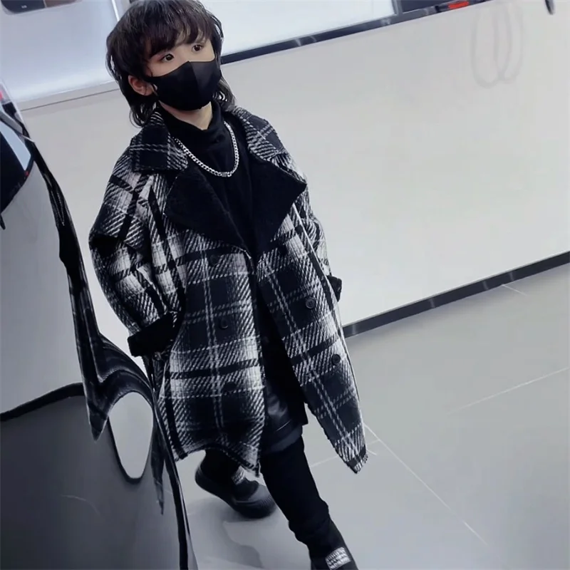 Boys Woolen Coat Overcoat Jacket Windbreak 2024 Plaid Warm Plus Thicken Autumn Winter Cotton School Children's Clothing