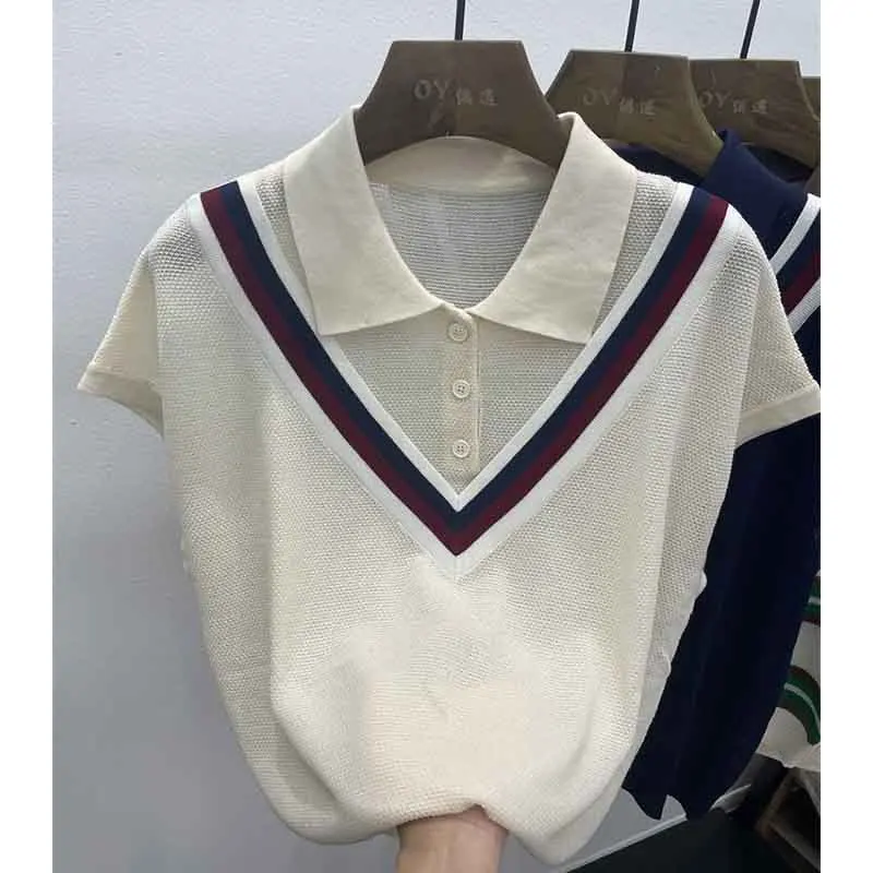 Simple Casual Versatile Lapel Short Sleeved Polo Shirt Women Panelled Button Screw Thread Summer New Loose Fake Two Piece Tops