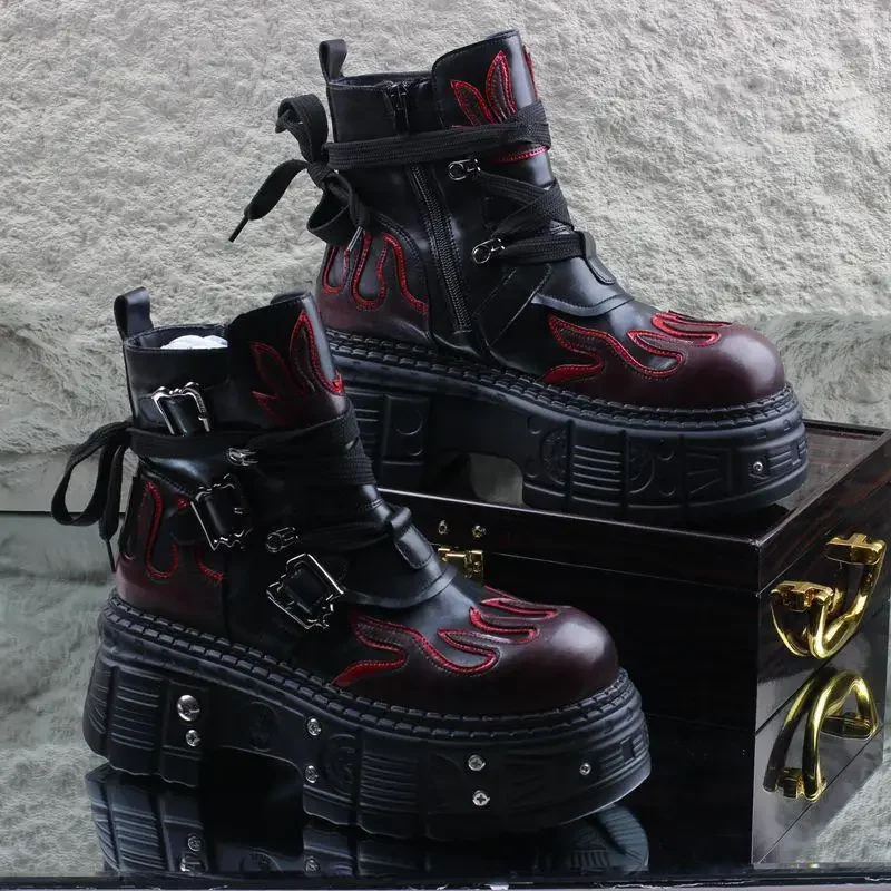 

2025 Spring New Men's Thick-soled Inner Height Increase Fried Street Personality High-top Leather Platform Chelsea Boots
