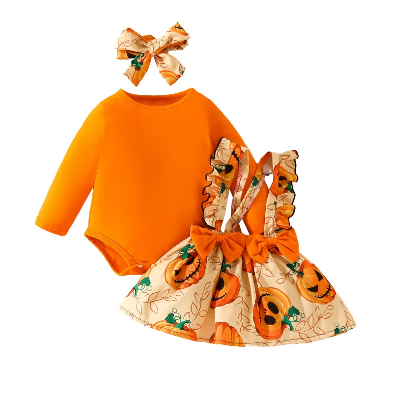 

Infant Children's Set Newborn Girls 3Pcs Suit Christmas Baby Kids Print Romper Top+Flower Butterfly Strap Skirt+Headband Outfits