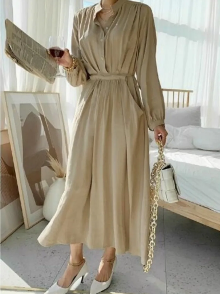 벨트와 케츠가 있는 한국 슬레 시크 순색 실크 드레스 여성용 패셔너블 심플 드레스 봄 가을용