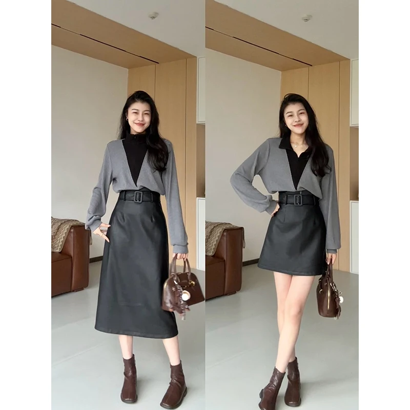 

Zhang a Xing Bla ey Tone New Sle Knitted Sweater Color Blo ort Long Versatile Faion Set for Women Commute Sle