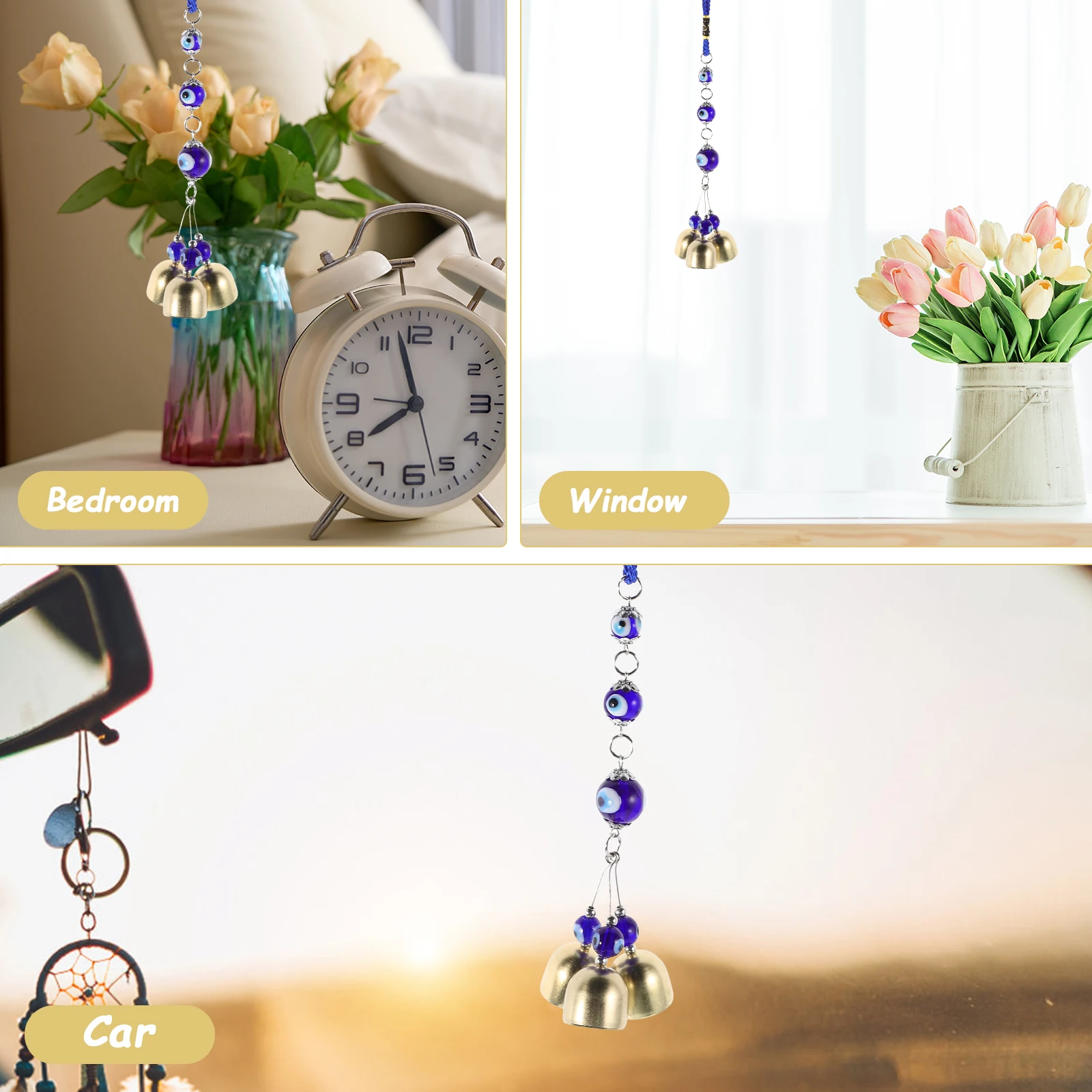 

Car Interior Hanging Ornament Blue Evil Eye Copper Bell Turkish Nazar Amulet Fengshui Good Luck Protection Charm