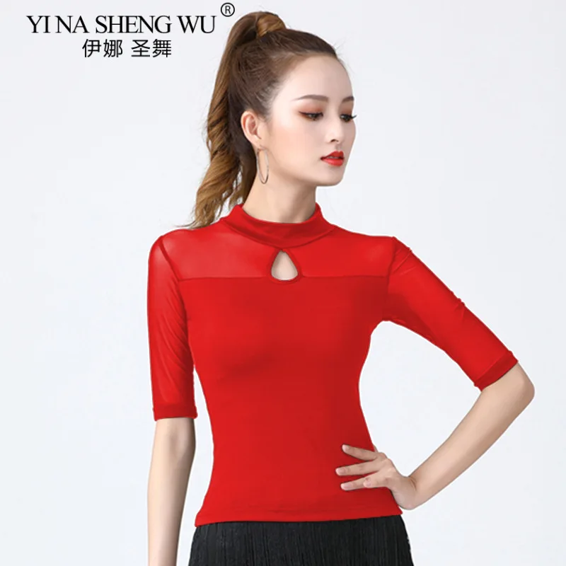Women Latin Dance Tops Adult Ballroom Dancing Classical Dance Practice T-shirt Costume Cha-Cha Samba Modern Dance High Neck Top