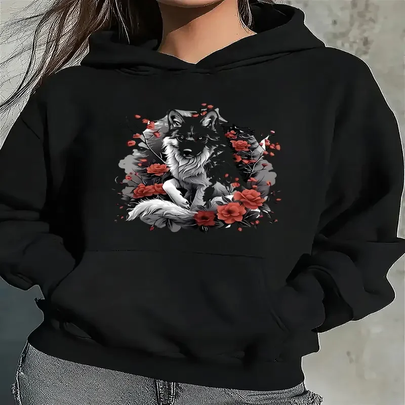 Floral Wolf Graphic Hoodie Soft Casual Pullover Sweatshirt Vibrant Red Roses Gray Wolf Print Machine Washable Fall And Winter