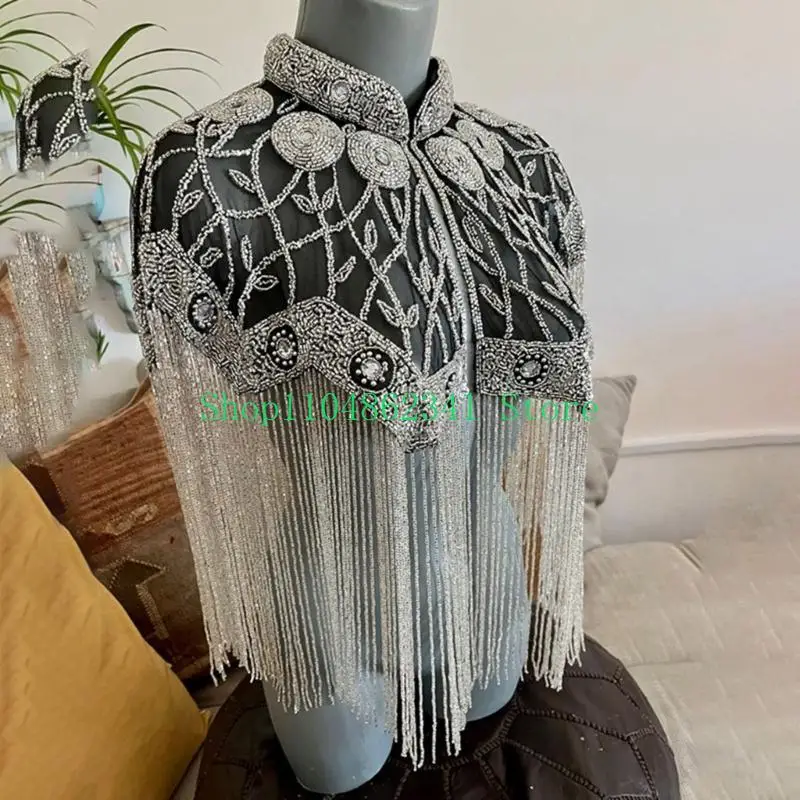 Châle perlé essentiel pour défilé mode, longs glands, col rond, épaule nuage, 652F