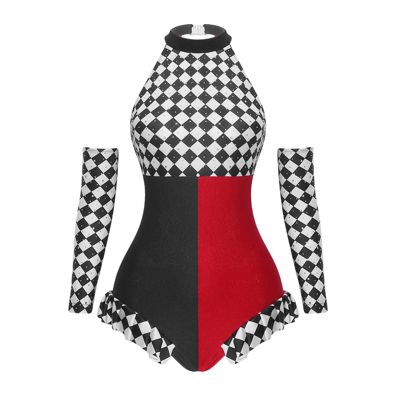 Womens Clown Cosplay Costume Halter Backless Ruffled Leotard with Rhinestone Checkerboard Gloves for Halloween Carnival Outfits view 2