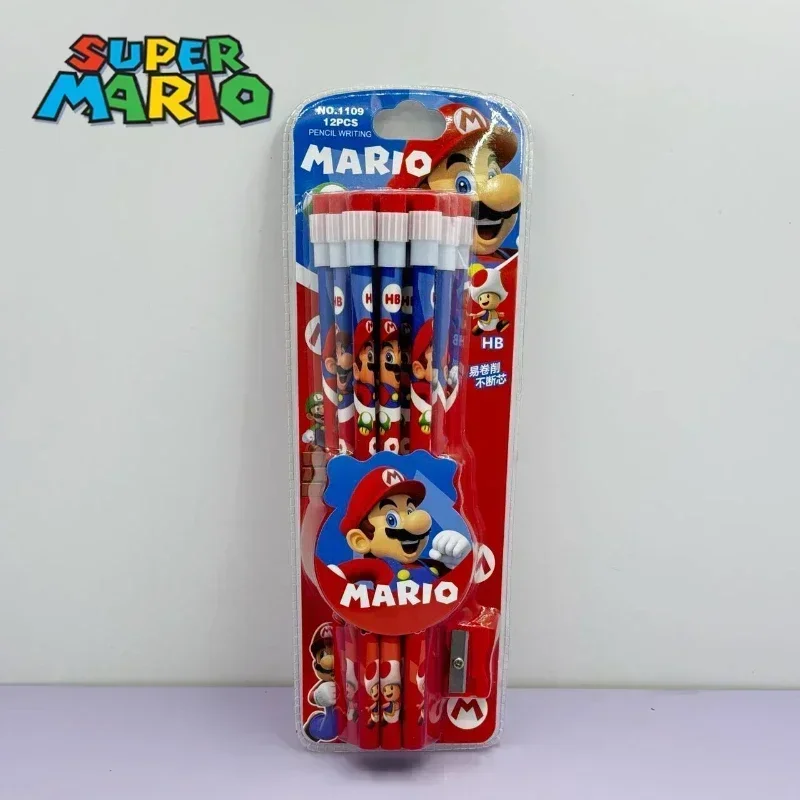 12pcs Super Marios Bros Pencil Set Anime Children HB Pencil with Pencil Sharpener Cute Student Stationery School Supplies Prize