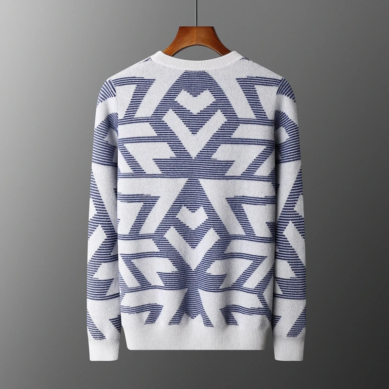 New Jacquard Thickened 100% Pure Cashmere Sweater Men's Round Neck Knitted Loose Business Casual Base Sweater