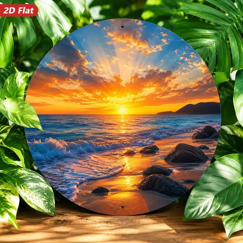 2D Flat, [2D Flat] 2D Flat 1pc Coastal Sunset Horizon Round Metal Sign Wall Art Vibrant Golden Sunset Ocean Waves Rocks Scenic N