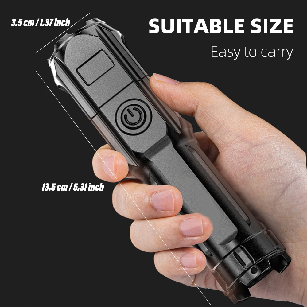 High Power LED Flashlight USB Rechargeable Torch Portable Zoomable Camping Light 3 Lighting Modes Use High Strength ABS Material