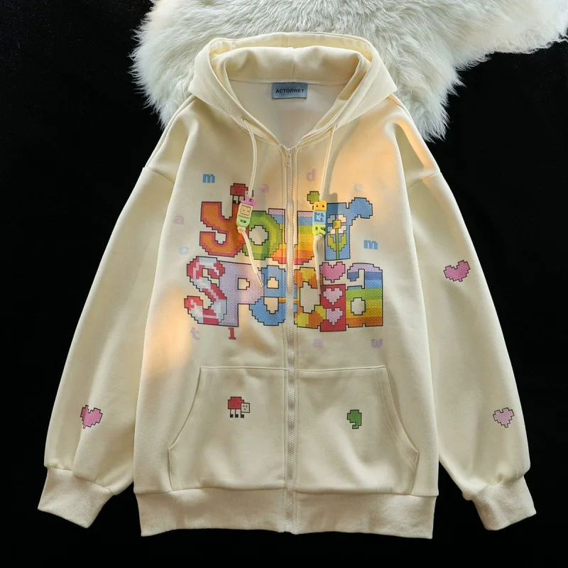 Korean version of color printed letter cardigan jacket women's autumn and winter 2024 retro loose niche design hooded sweater