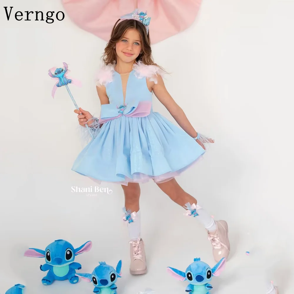 

Verngo Blue Shiny Satin Mini Girl Flower Dress Sleeveless A Line Bow Birthday Party Dress Celebrity Bow Princess Gown Customized