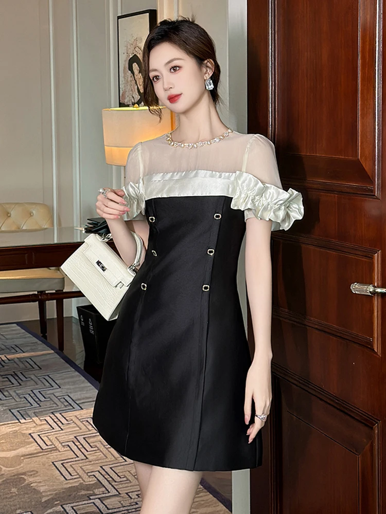 Summer Fashion Elegant Formal Occasion Evening Dress Women Clothes Retro Sheer Sexy O-Neck Puff Sleeve Slim Short A-Line Vestido