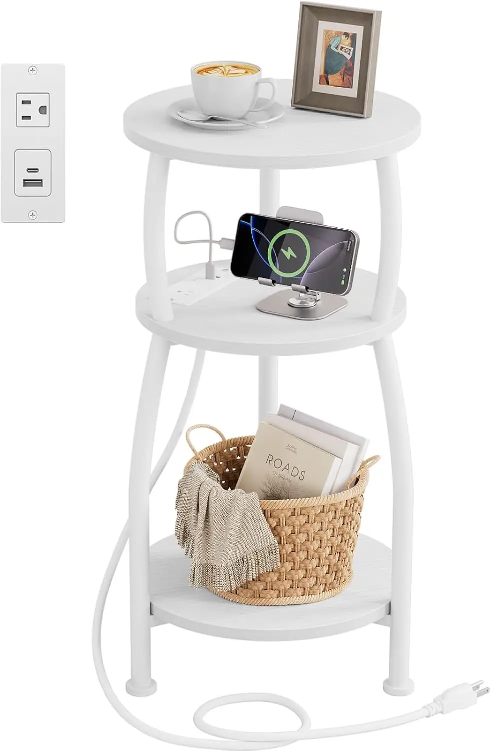 

Round Side Table with Power Outlet & USB Ports, 3-Tier End Table with Storage Shelf, Modern Rustic Nightstand, Small Spaces A