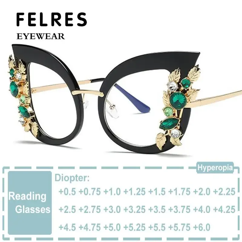 Retro Diamant Katzenauge großen Rahmen übergroße Lesebrille Frauen Luxusmarke Computer Presbyopie Brille Blaulicht Brille