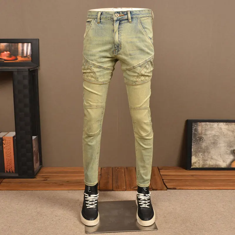 Calça jeans retrô lavada para motociclista masculina, elástica, ajuste magro, jeans rasgado, estilista emendado, hip hop, moda de rua