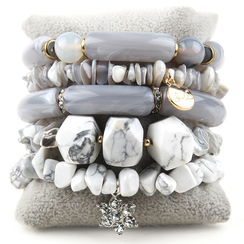 Fashion Bohemia Beaded Jewelry Big Acrylic Elbow And  Faceted Stone 5pc Stack Beads Bracelets Set For Women Festival Gift