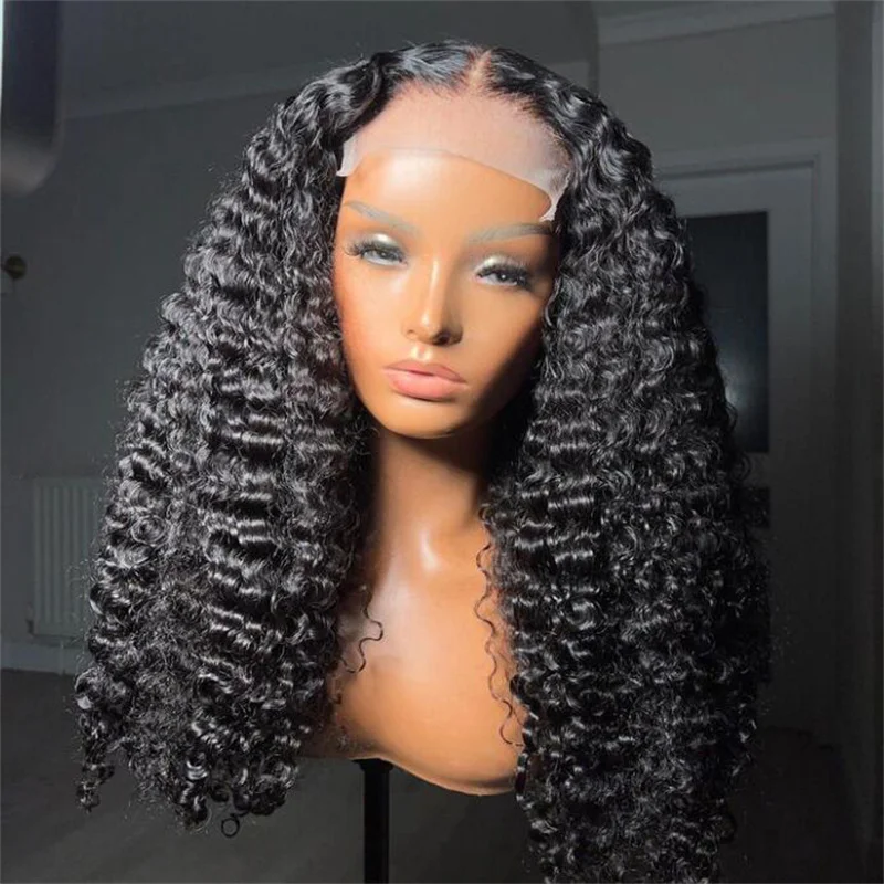 Мягкий 180 Плотность 26 дюймов Натуральный Черный Бесклеевой Длинный Кудрявый Глубокий Парик Фронта Шнурка Для Женщин С Волосами Младенца Предварительно Собранные Ежедневно