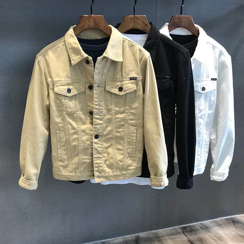 

Spring Autumn Casual Slim Men's Denim Jacket Single Breasted Long Sleeved Solid Tops Lapels Khaki Spliced Tooling Denim Coat Men