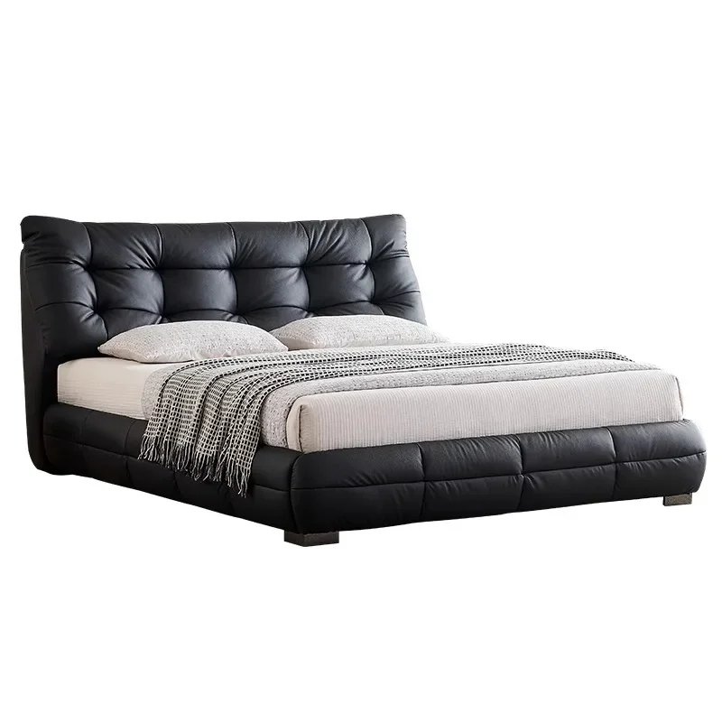 Big black bear leather bed modern simple small apartment first layer cowhide