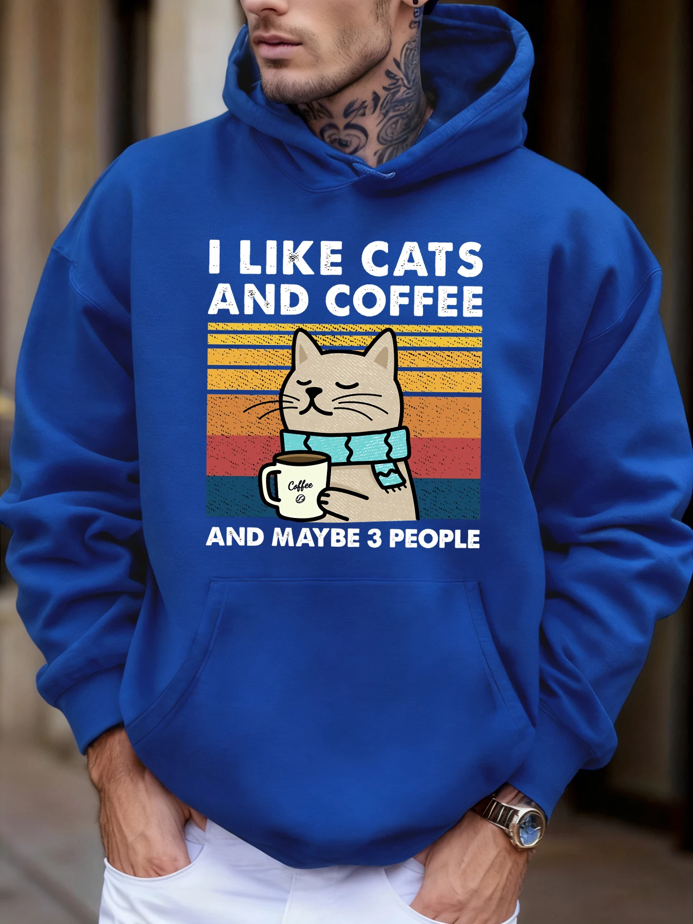 

Мужская толстовка с капюшоном I Like Cats Coffee And Maybe 3 People Print, свободная толстовка с карманами в стиле хип-хоп, флисовая уличная одежда, универсальные осенние пуловеры