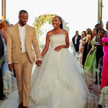 ชุดแต่งงานผ้าตาข่ายอัดจีบสวยชุดแต่งงานชุดเจ้าสาวทรงเอแต่งระบายระบายระบายแบบไม่เหมือนใครงานปาร์ตี้งานพรอมแอฟริกาแบบสั่งตัดตามสั่ง