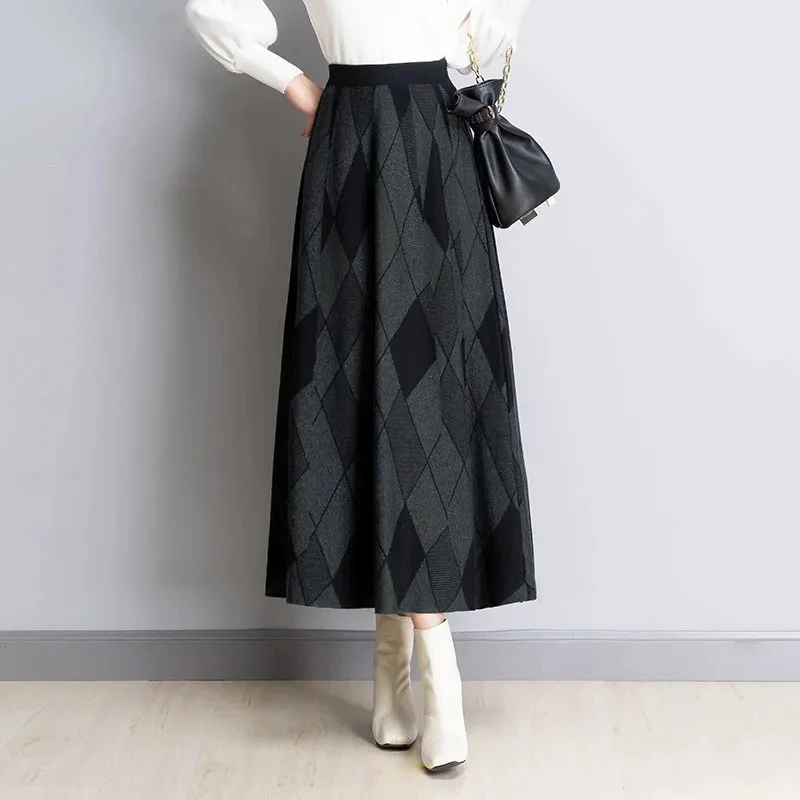 Spring Autumn High Waist Knitted Skirts Women High End Drape A-line Vintage Plaid Skirt Winter Winter Thick Elegant Long Skirts