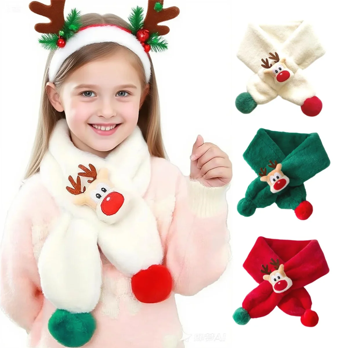 1Pcs Warm and Cute Christmas Deer Scarf, Autumn and Winter Baby Plush Scarf for Girls and Boys Holiday Party, Daily Wear