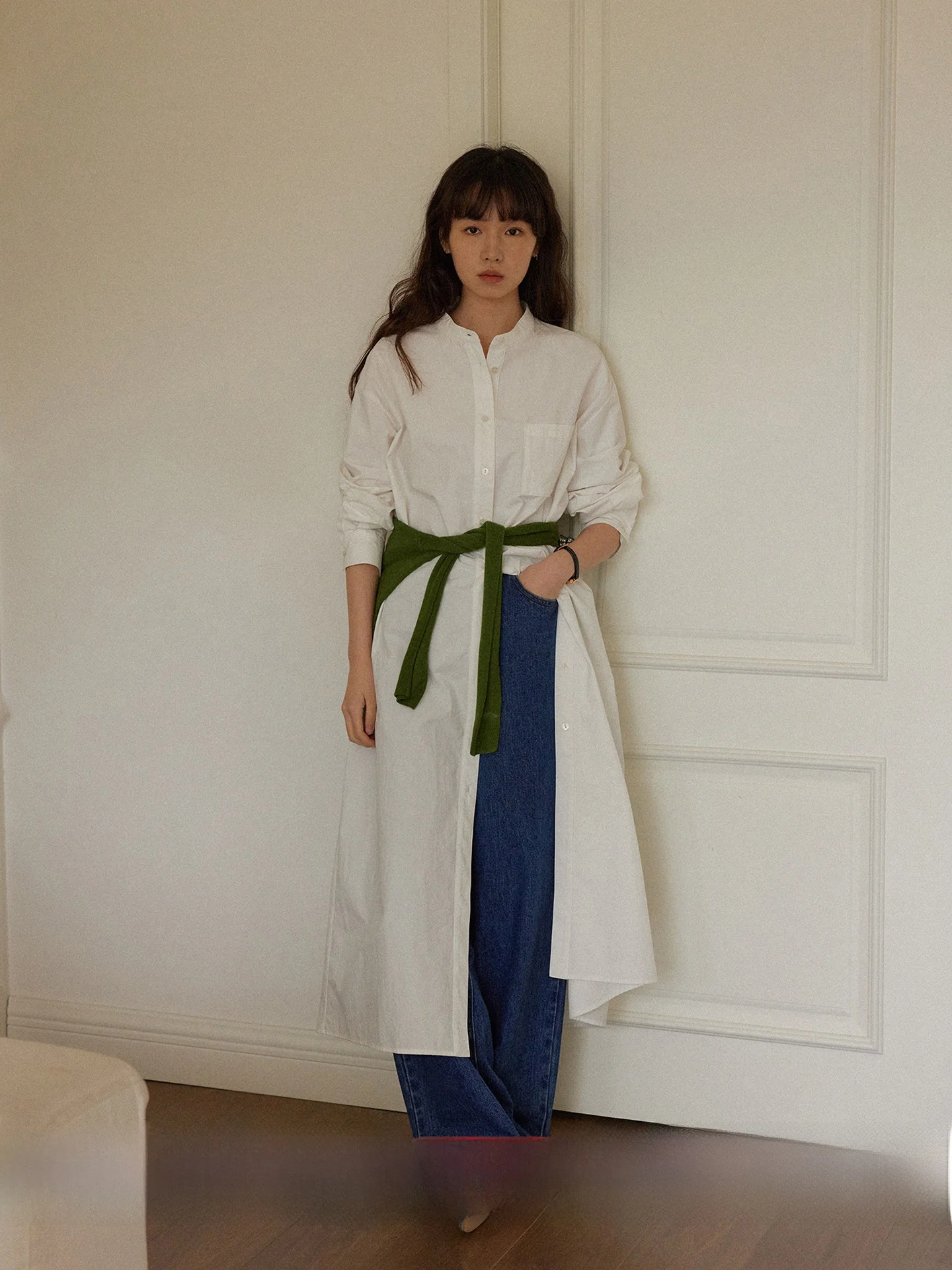 

Длинный топ с поясом, на одной пуговице, двухцветный, в полоску, тонкая верхняя одежда из чистого хлопка, для весны, для повседневной носки, свободный крой, женский