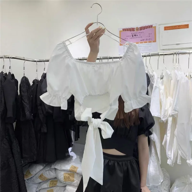 Sexy Bandage Crop Top Femme Pink Doll Blouse Blusas Mujer De Moda 2024 Bow Backless Black White Ruffle Pleated Shirt Women