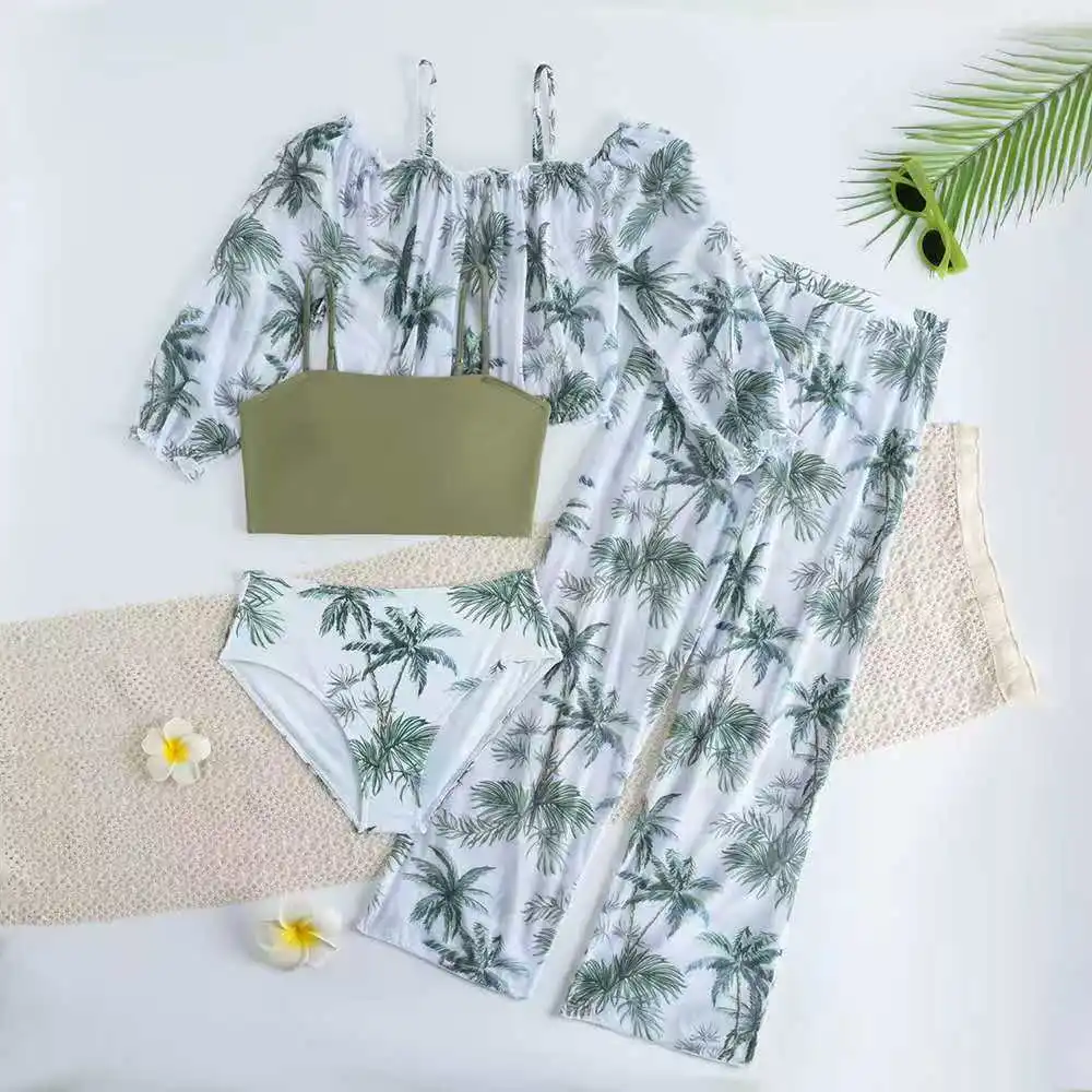 

Комплект из 4 розовых пляжных шорт с принтом кокосовых пальм для девочек, с высокой талией, для плавания, 8-14 лет, детский купальник, пляжный костюм для девочек