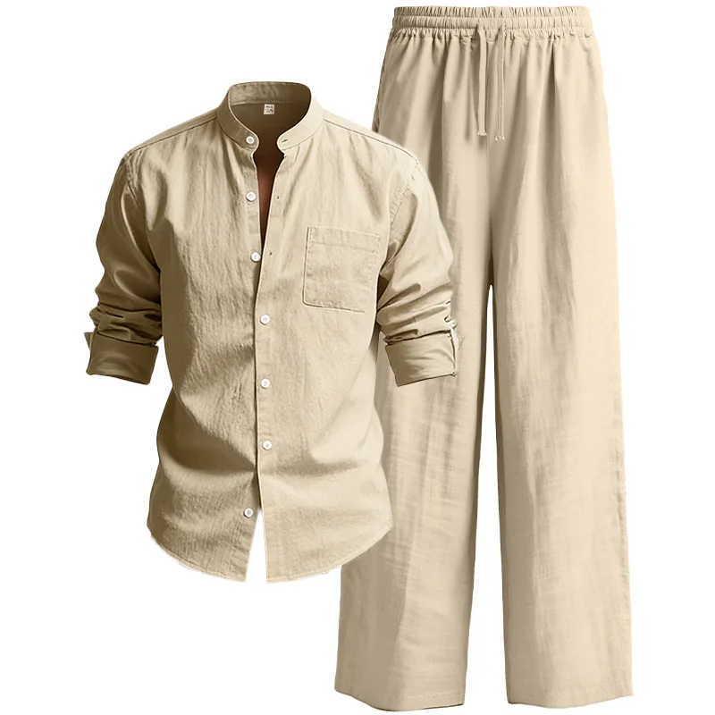 

Европейские и американские всесезонные льняные мужские повседневные свободные дышащие рубашки с длинным рукавом, брюки и пляжные костюмы в наличии