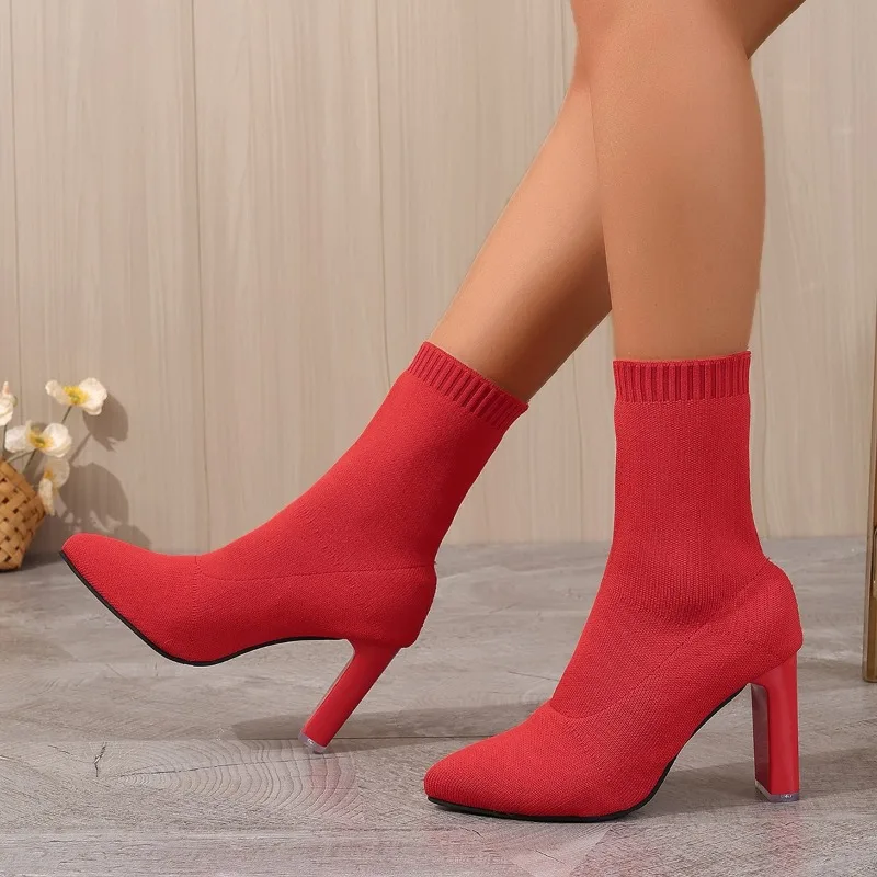 Women Elastic Sock Boots Autumn Winter Stiletto High Heels Knitted Ankle  Woman Slip-On Pointed Toe High-heeled Botas Mujer