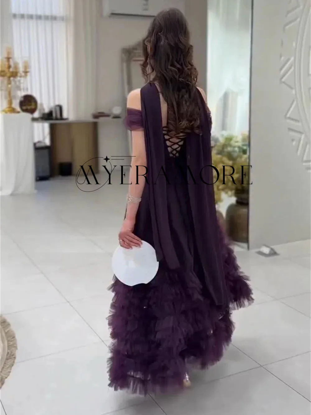 Exquisite Purple Beaded Evening Dress Tulle Off the shoulder A-Line Tiered Ruffle Birthday Party Prom Gown Customized