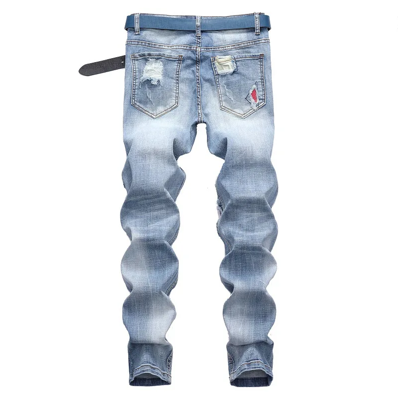 Novo gigh-qualidade personalidade luz azul estiramento motocicleta rasgado buraco tendência jeans masculinos