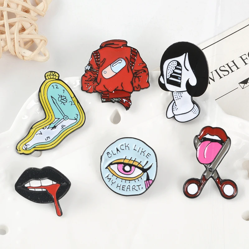 Girl Pines Denim Shirt Lapel Pins Bag Punk Cool Jewelry Gift for Friends Pill Eyeliner Tongue Lips Enamel Brooch Twisted Clock