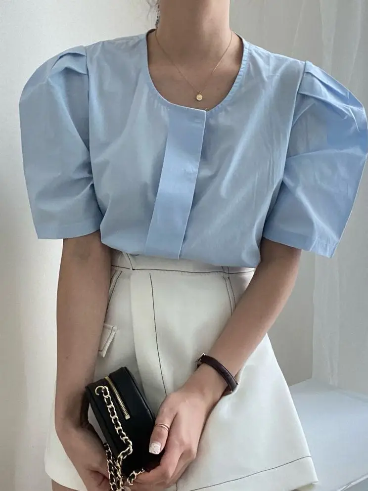 

Chic round Neck Bubble Sleeve Loose Women's Shirt Hidden Design Slimming Straight Cut Cotton Blend Short Sleeve Korean Style
