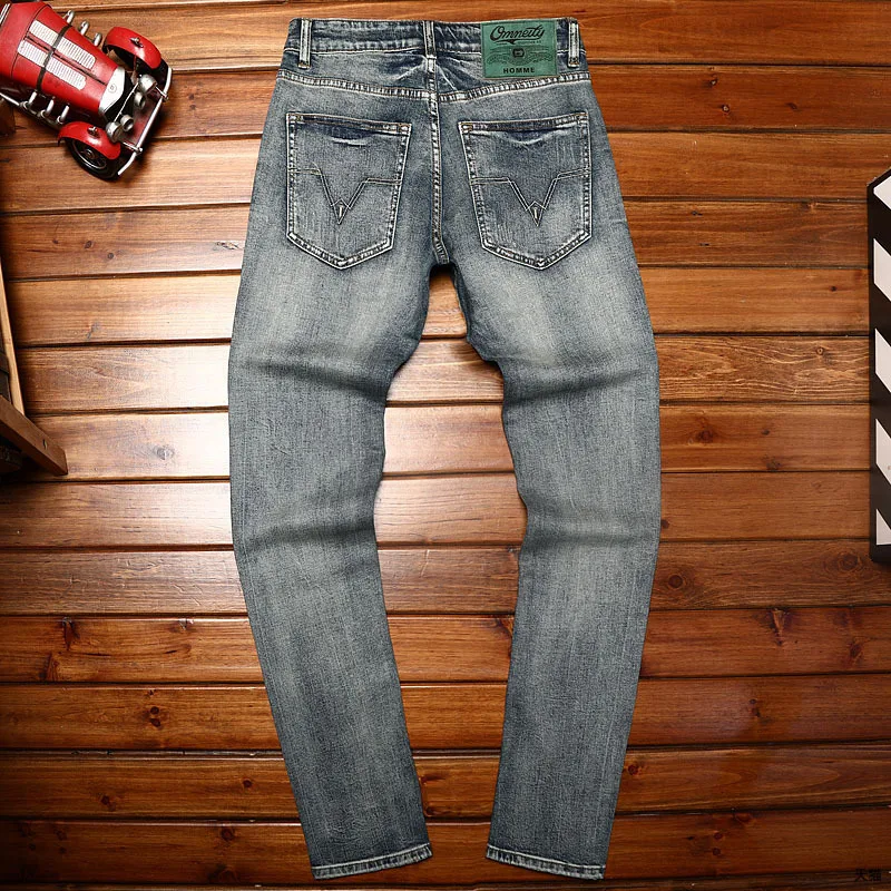 Vintage Blue Jeans Men's Classic Versatile Work Business Trends Loose Elastic Pencil Pants Embroidery Washed Men's Trousers