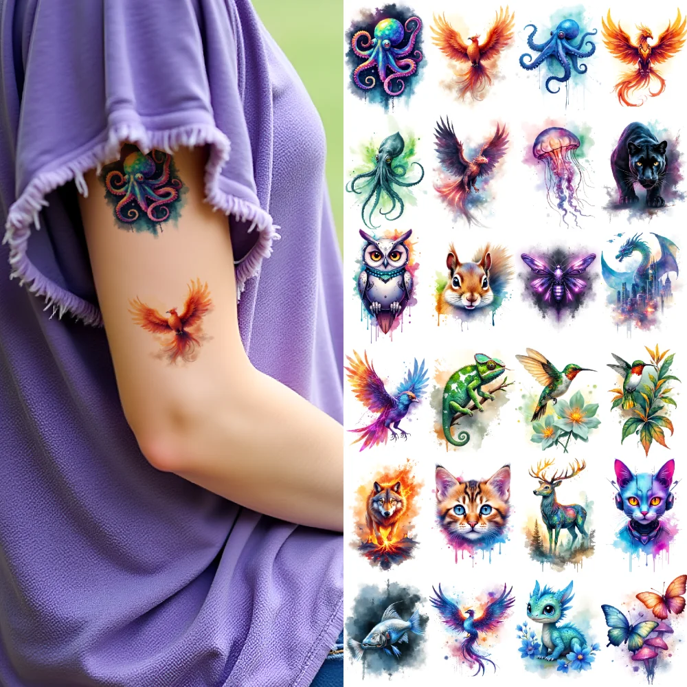 

28pcs Temporary Tattoo Octopus Watercolor Dragon Lion Temporary Tattoo Stickers Phoenix For Girls Children Arms