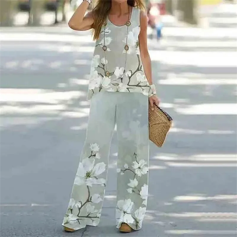 Women Elegant Botanical Flower Print Two Piece Sets O Neck Pullover Vest Sleeveless Tops Wide Leg Long Pants Casual Female Suits