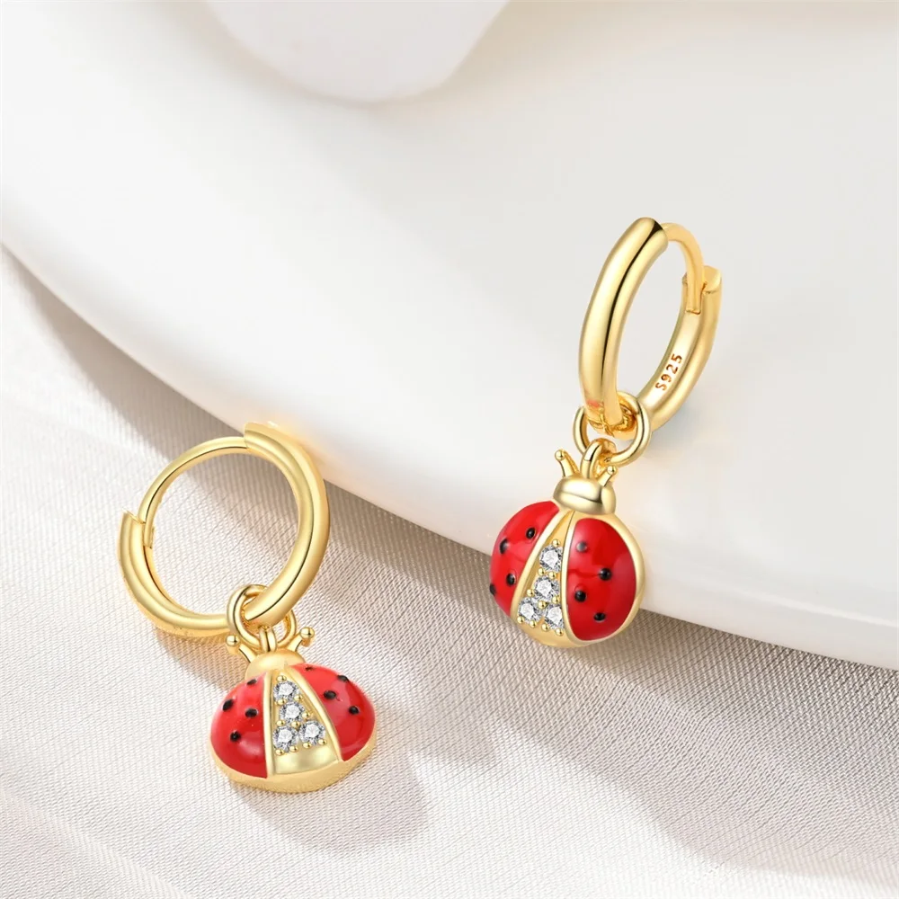 Beautiful 925 Sterling Silver Gold Ladybug Earrings For Women\'s Rock Party Jewelry Accessories