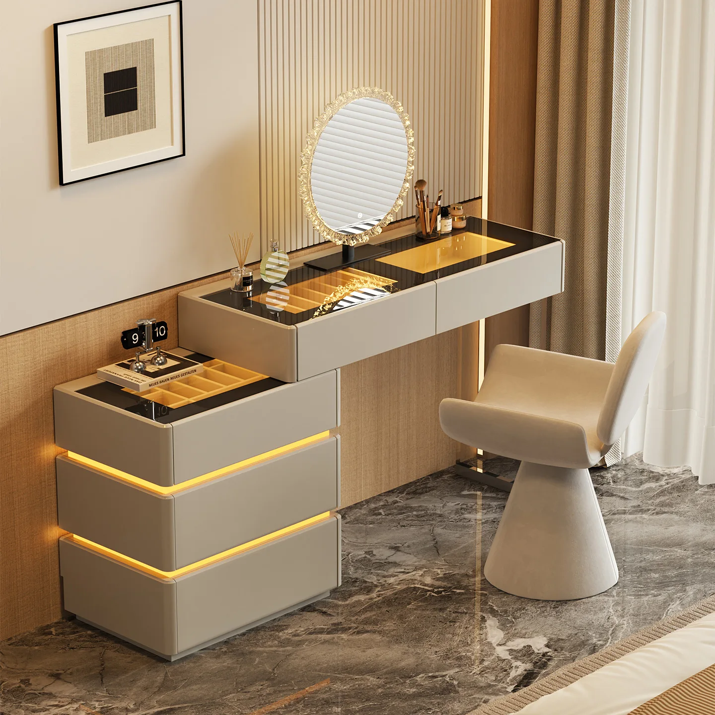 

Bedroom, storage, bedside table, light luxury, high sense, makeup table