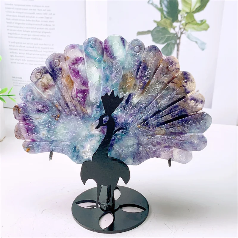 Natural Fluorite Peacock Feather Wings, Carving Crafts, Healing Energy, Lucky Stone, Home Decoration, Birthday Gift, 1Pc