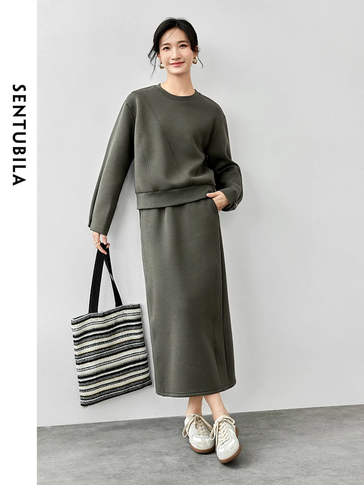 

SENTUBILA Women Knit Skirt Set 2024 Autumn Casual O Neck Sweatershirt Straight Slit-hem Long Skirt Solid 2 Piece Set 143Z56270