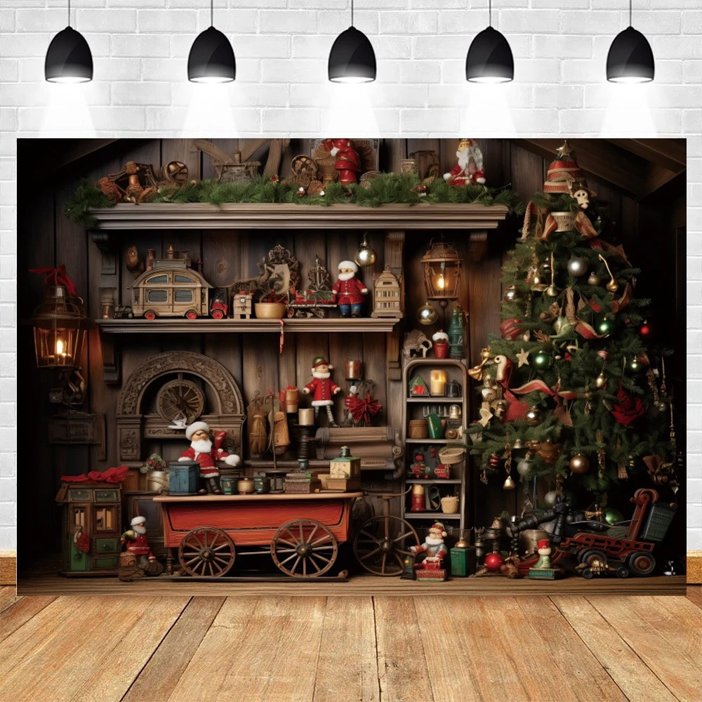 Santa Claus Workshop Backdrop Wooden House Present Wrapping Room Xmas Tree Gifts Photography Background Photocall Photo Studio